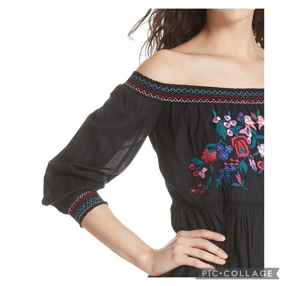 Free People Sunbeams Black Embroidered Off Shoulder BohoFestival Minidress Sz XS - Picture 5 of 12